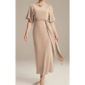 AW BRIDAL 12 L taupe Romula mother of bride mermaid party midi dress NEW B52